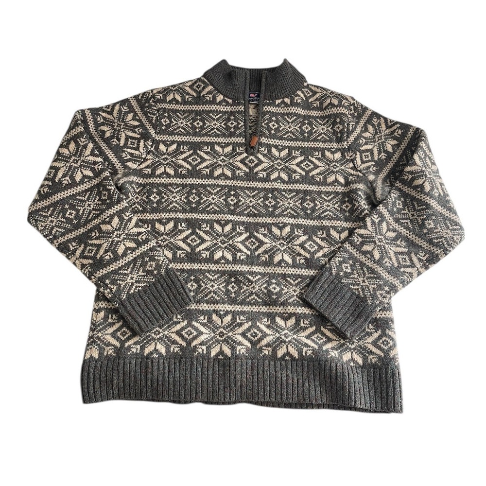 Men's Vineyard Vines Fair Isle 1/4 zip Shetland Grey Wool Sweater Nordic Ski M - Picture 8 of 12